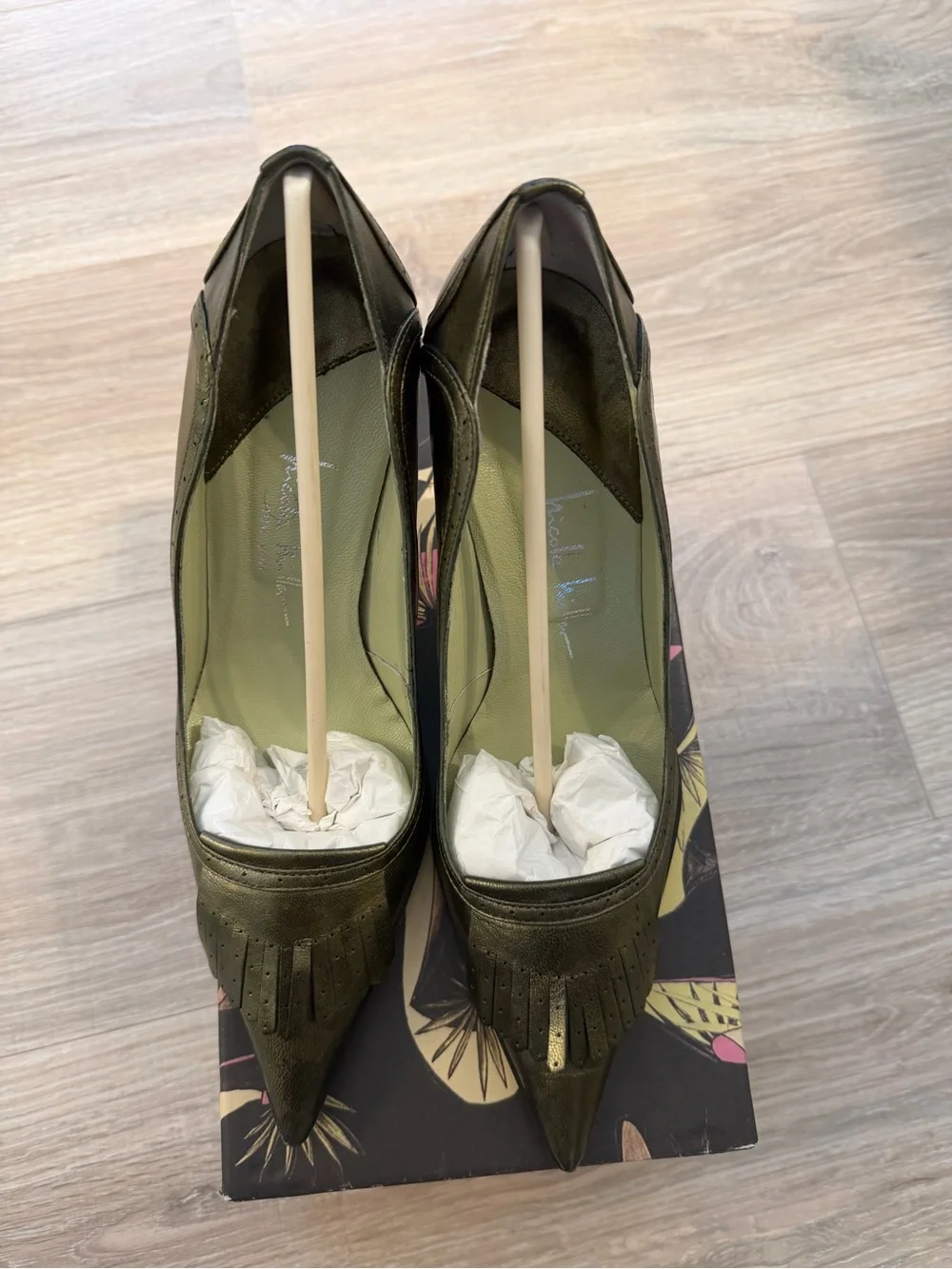 Nicole Miller Olive Green Metallic Pointed-Toe Stiletto Pumps